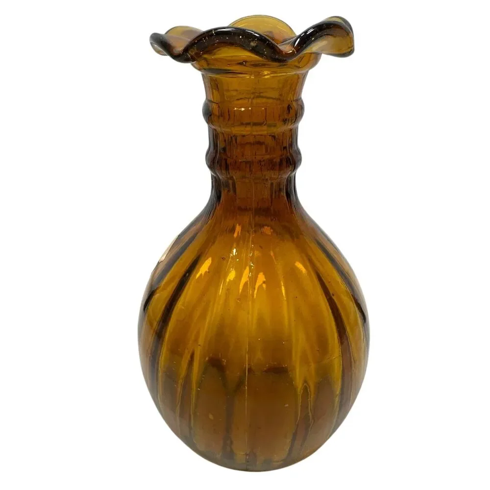 Vintage South Jersey Clevenger‎ Bros Glass Amber Vase Scalloped Edge Hand Blown